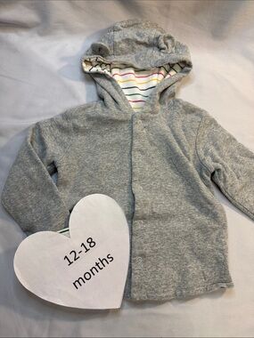 HBC Baby Gray Hooded Button-Up Sweatshirt with Striped Hood Lining